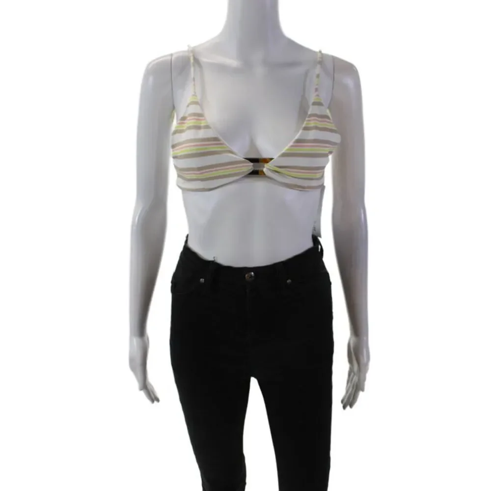 Tavik Womens Stretch Striped Adjustable V-Neck Triangle Bikini Top White Size L